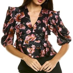 The Kooples Black & Pink Floral Silk Blend Top Sz Small NWT